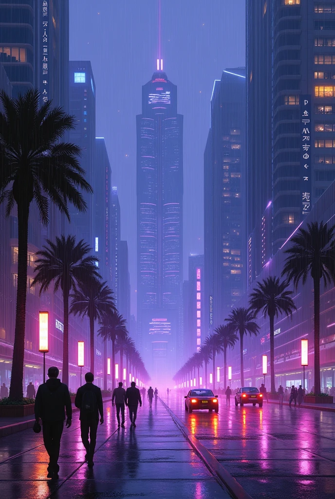 Oil painting of a futuristic street, tall buildings in a distance purple and blue lights, people walking on footpath, and cars on the street. Night time, raining.. realistic