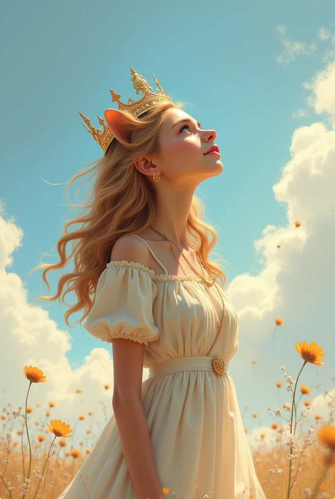 Lioness girl with crown and dress, looking at the sky and the word thank you 