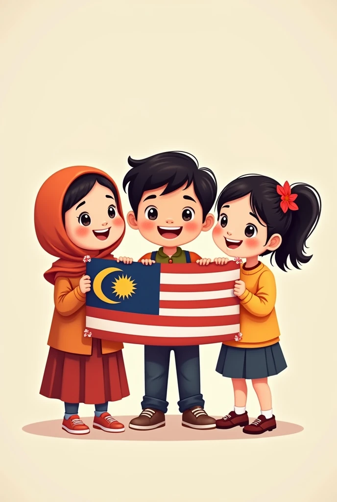 cute cartoon hijab girl,indian boy and chinese girl holding malaysia flag and holding hands