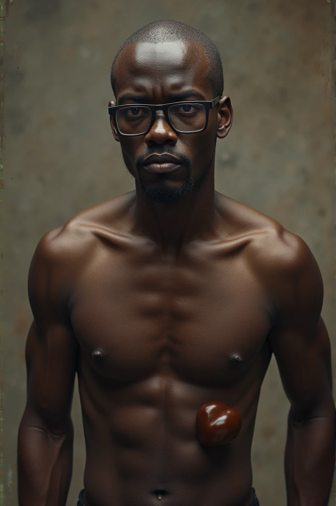 1 black man, Cao Cao, baldie, with square glasses and dark brown eyes, naked and with a very large penis ejaculating