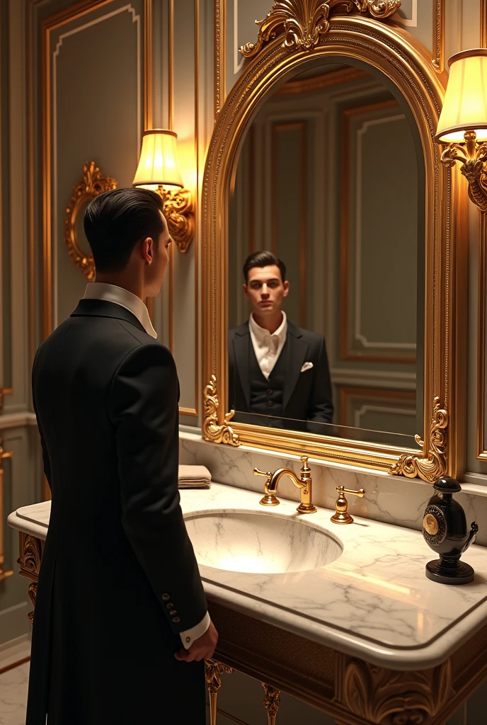 A sink with some looking in the mirror and the sink of 16 rich 