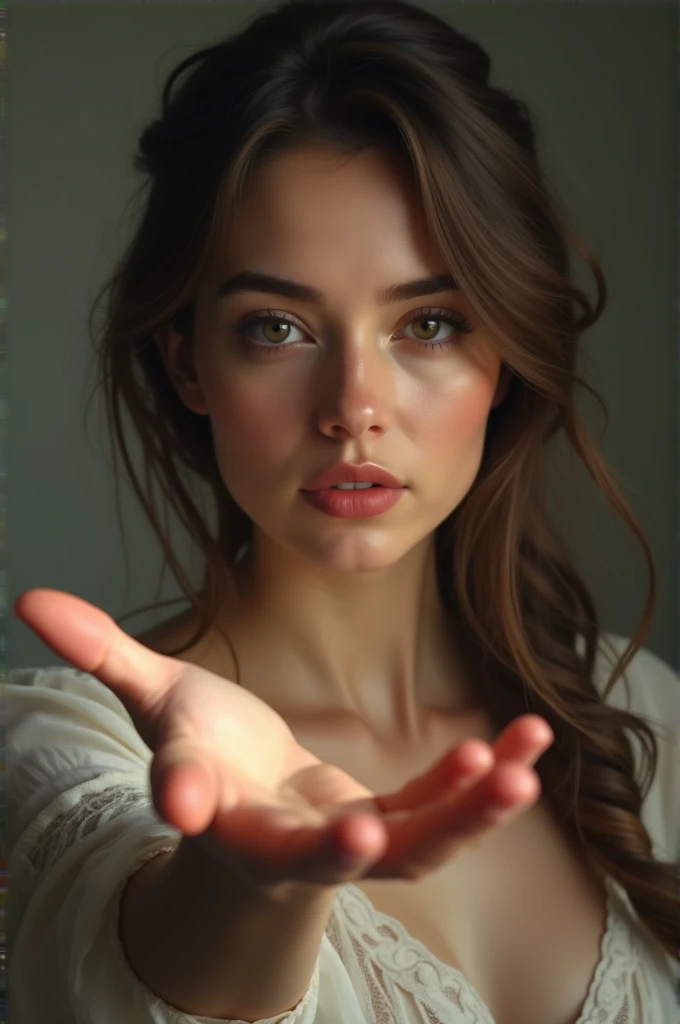 Create an image of a woman with her hand stretched out open