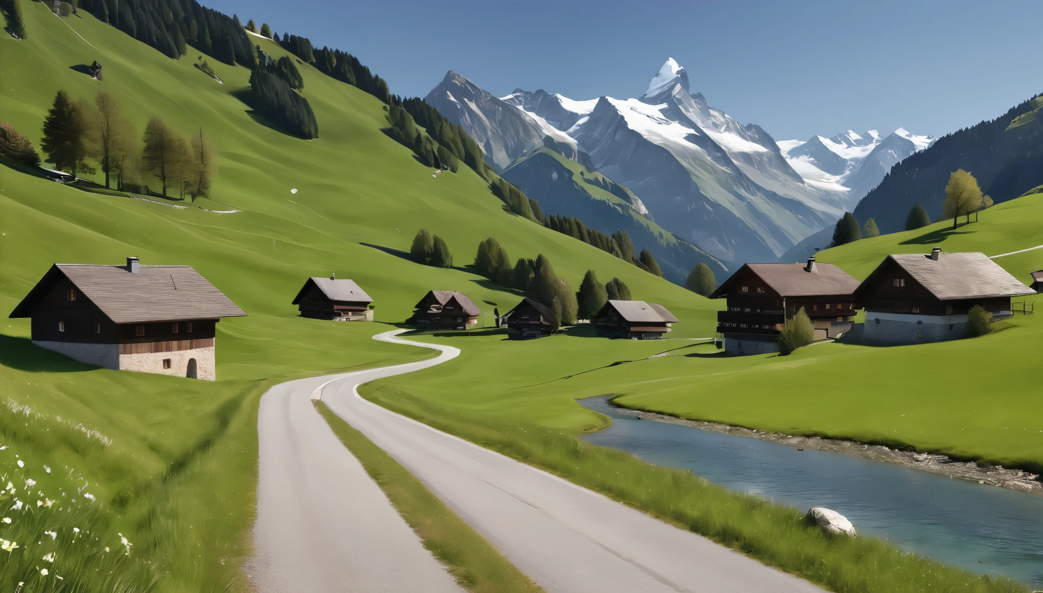 Alpine Village,Switzerland, Grasslands rich in nature, road, spring, Daytime, (Highest quality,4K,8k,High resolution,masterpiece:1.2),Very detailed,(Realistic,photoRealistic,photo-Realistic:1.37),High resolution,超High resolution,Studio Lighting,Vibrant colors,Professional