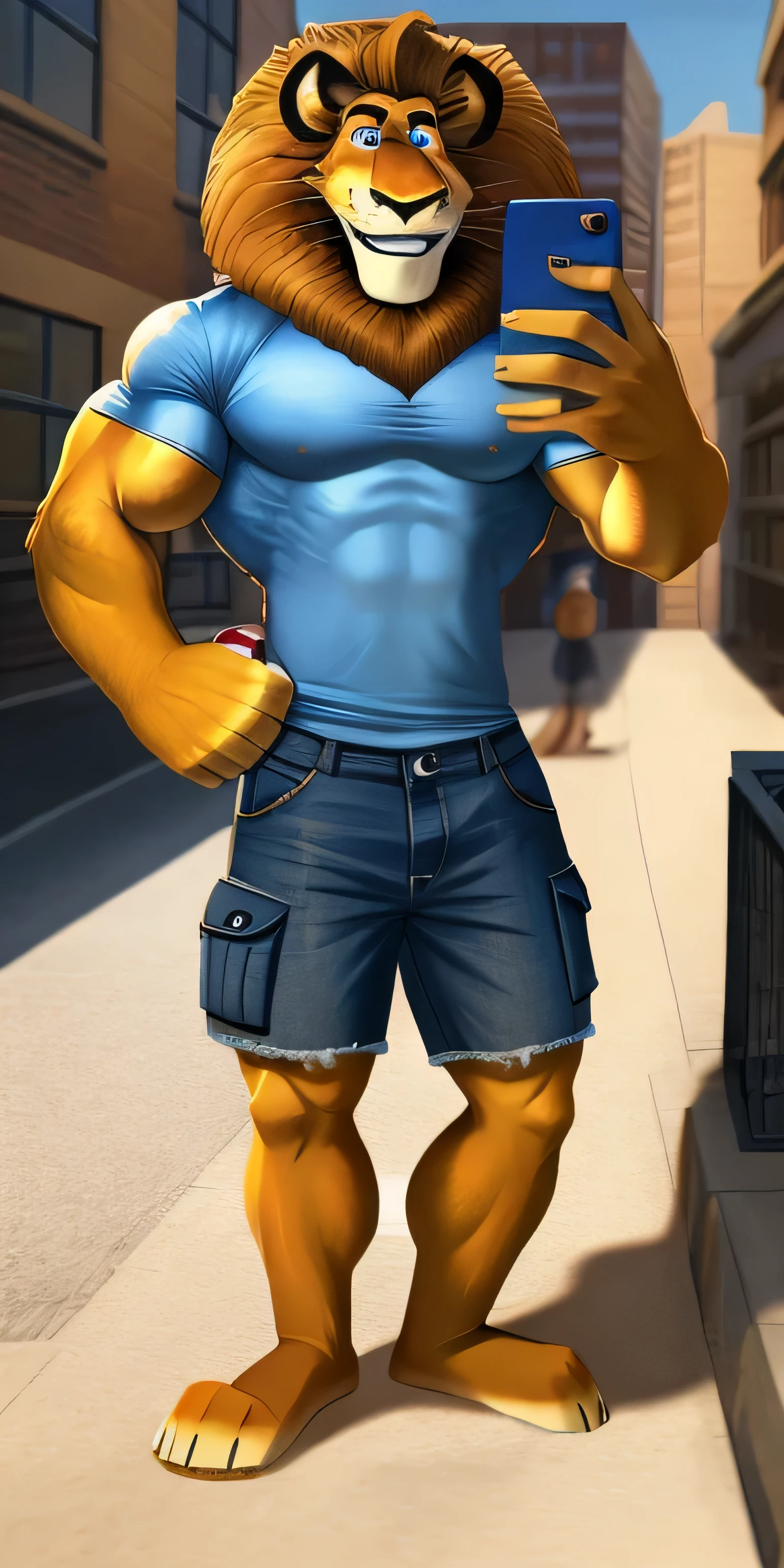 Alex the Lion, muscular body, big biceps, extremely beautiful and cute face, perfectly detailed blue eyes with perfectly detailed black pupils, wears blue t-shirt, denim cargo shorts, bare feet, streets background, selfie, friendly look, smiling