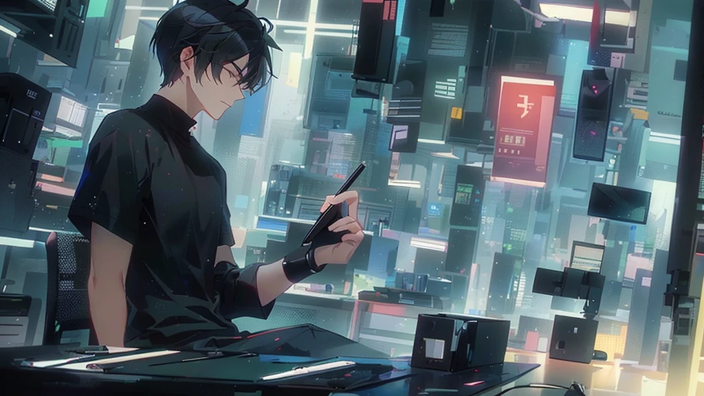 Profile of a young man wearing a black T-shirt、He is resting his chin on his hand and holding a pen in one hand、
