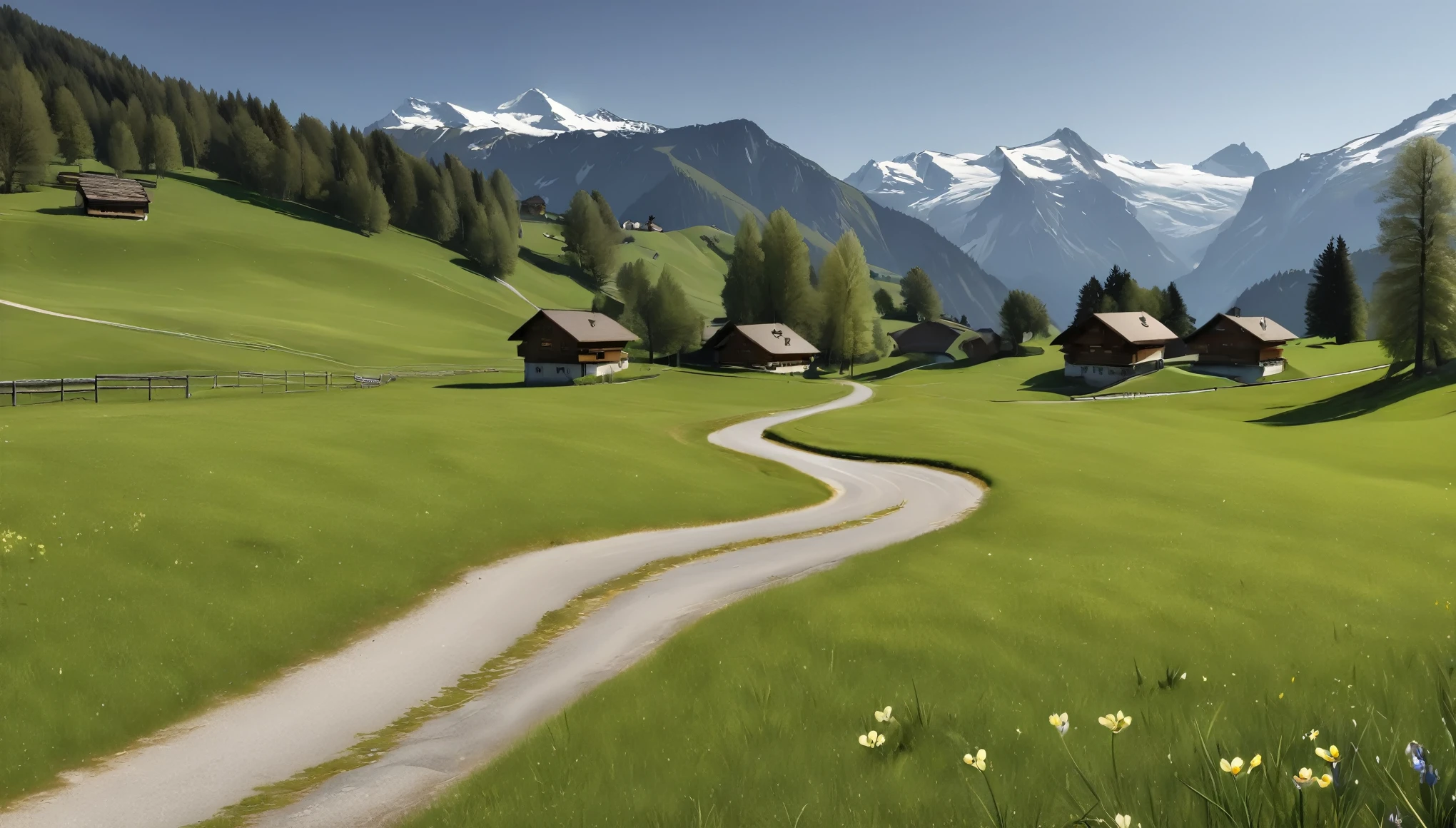 Alpine Village,Switzerland, Grasslands rich in nature, road, spring, Daytime, (Highest quality,4K,8k,High resolution,masterpiece:1.2),Very detailed,(Realistic,photoRealistic,photo-Realistic:1.37),High resolution,超High resolution,Studio Lighting,Vibrant colors,Professional