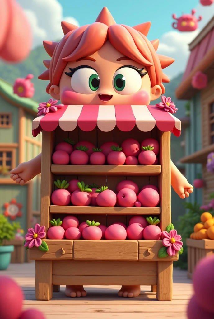 Animated pink fruit and vegetable stand, Front view with empty shelves