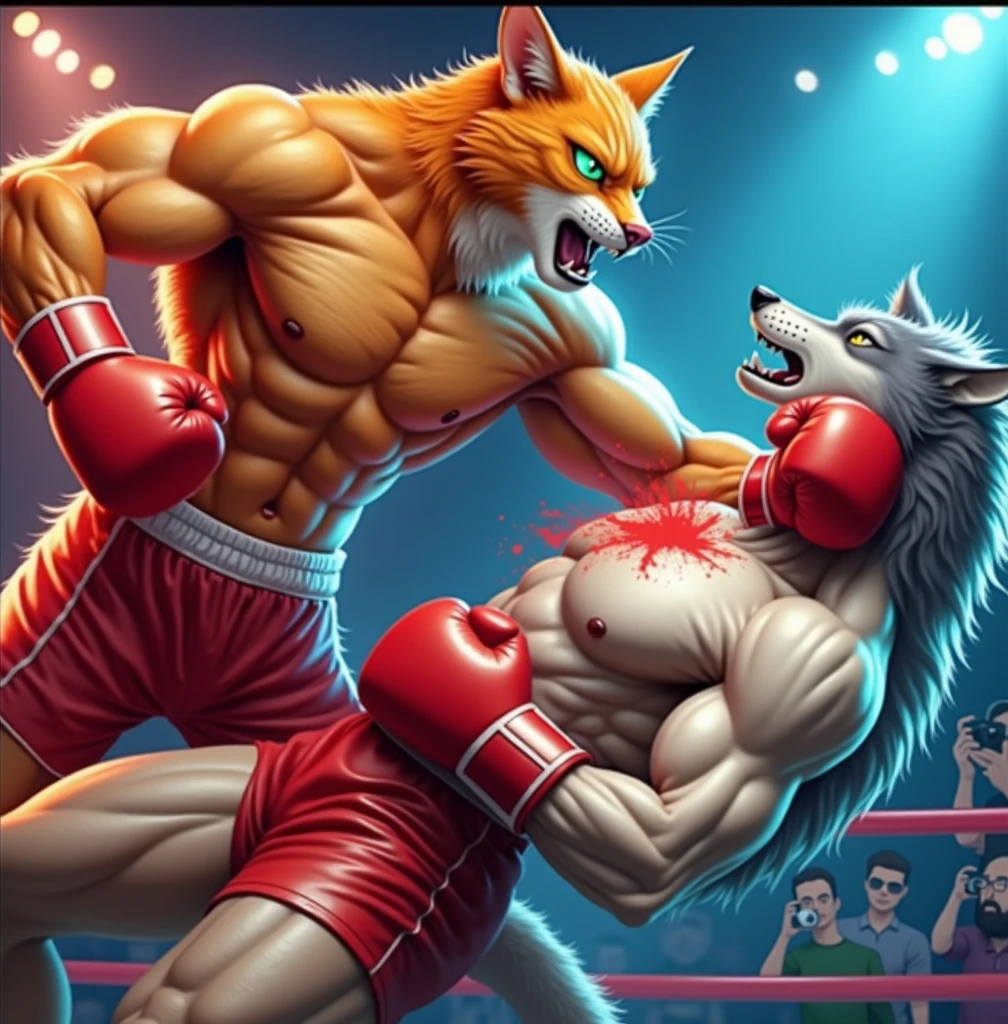 A muscular anthropomorphic orange cat in red boxing shorts delivers a powerful punch to a muscular anthropomorphic wolf, also wearing red boxing shorts, in a boxing ring. The cat's expression is intense, with bright green eyes, while the wolf is stunned with a splash of red on his chest. Spectators in the background are watching the intense match, taking some pictures. The scene is dramatically lit, emphasizing the action and power of the fight. Cinematic style, hyperrealisti