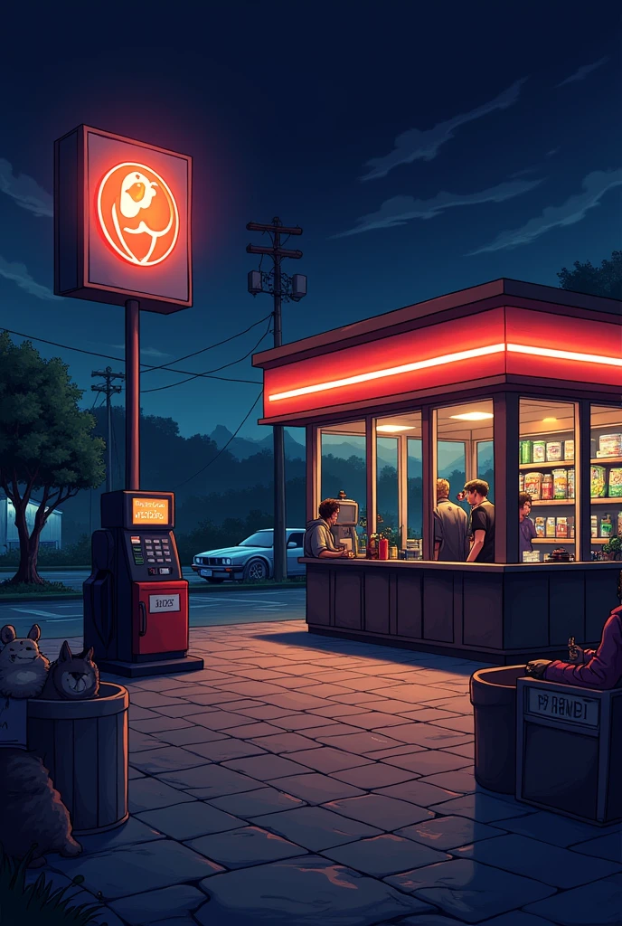 Give me a 2d image in terraria style, from inside a gas station. The point of view must be that of the payment box and at night, moderately lively.