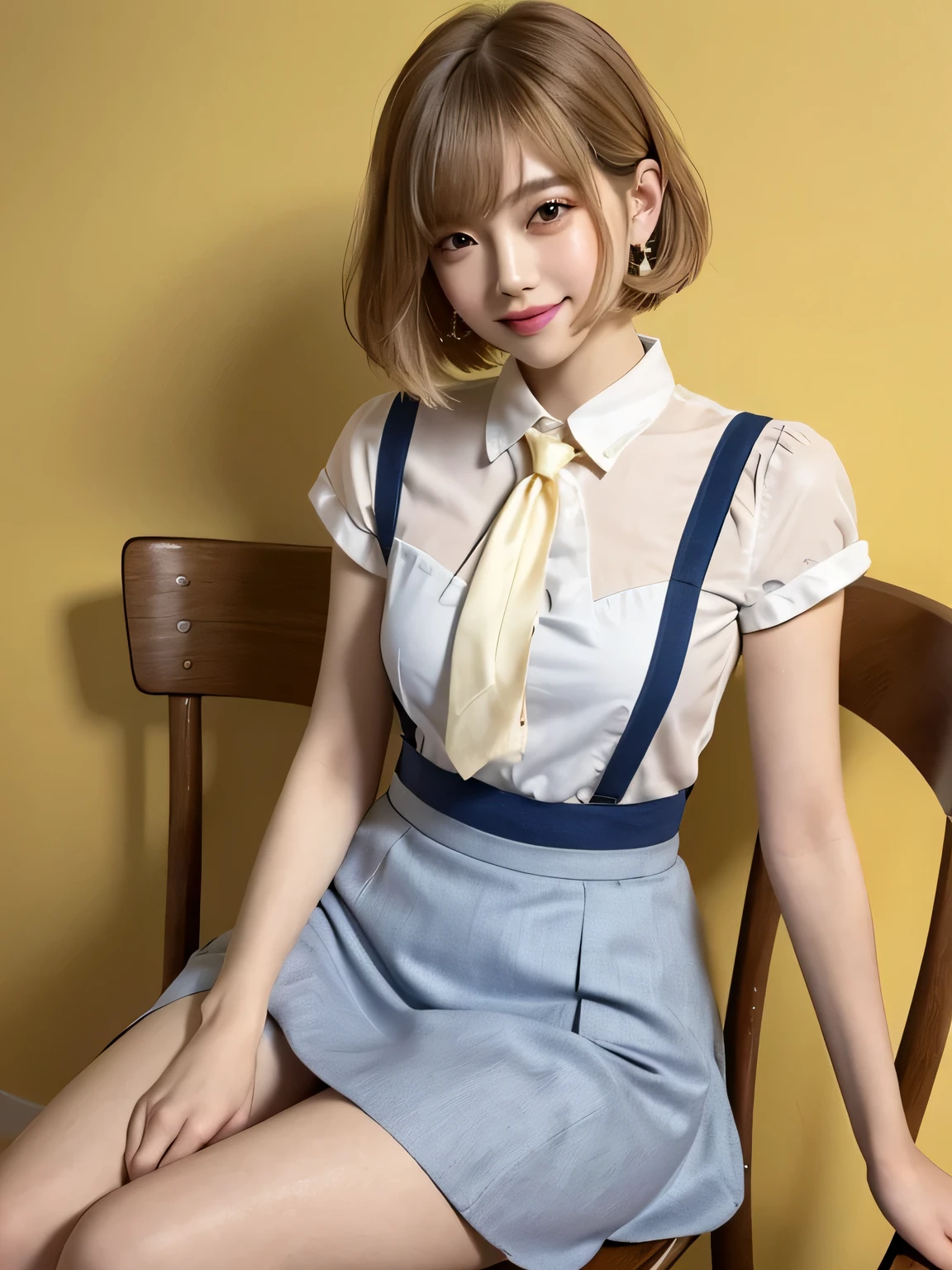 (Highest quality、8k、32K、masterpiece、Hmph:1.2)、Pink Wall、sexy、Age 25、Cute Japan woman photo、Lots of earrings、ショートBobcut、Blonde and brunette mesh、sexy、thin、slender、(Bobcut)、(Small breasts)、double eyelid、White shirt、Navy blue tie、Red mini skirt、Thighs、Yellow wall、whole body、smile、sexy、Sitting in a chair、smile、