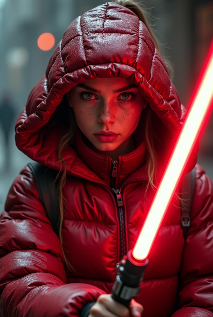 a slim ponytail 16 year old angry sith wielding her bright lightsaber, she is battling her slim nemesis,beautiful detailed bright fire-eyed eyes,beautiful freckles,beautiful detailed lips,extremely detailed eyes and face,longeyelashes, wearing beautiful detailed skintight airtight covering-head hooded armored formfitting duvetica overfilled overinflated shiny super gleamy thick glossy puffervest covering over her padded high-collared pufferjacket, glossy latex leggings,symmetrical,masterpiece,cinematic,lifelike,hyperrealistic,8k,photorealistic,highly detailed,intricate,exquisite,elegant,beautiful,stunning