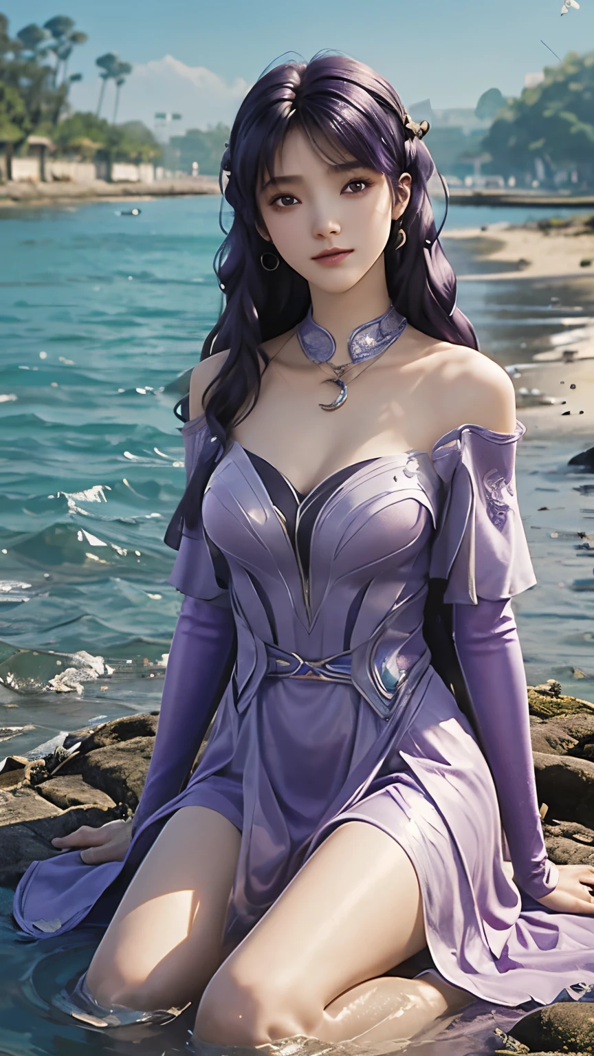 Anime Girl，3d，whole body，(((original photo , Extremely detailed, best quality, high resolution, solitary,))) rest、(Compared:1), whole body、 View from directly above, Lying in the water, Back on the water、 rest、 (((Purple Hair Beach Waves ))), (((cosmetic))),Large Breasts,((night)) 、detailed background,, moon、 rest、Antonio Riva Dress:1.1,Slightly transparent dress:1.3、(very complicated:1.2), High Fantasy, Pretty Face, background, 星river, barefoot, rest、outdoor、river