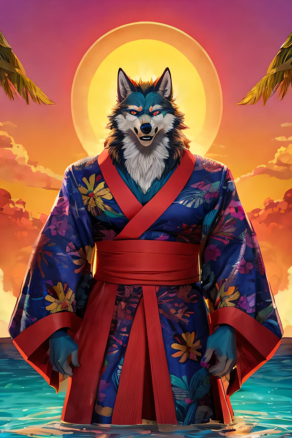 A wolf-man wearing an unbuttoned kimono standing by a bright body of water