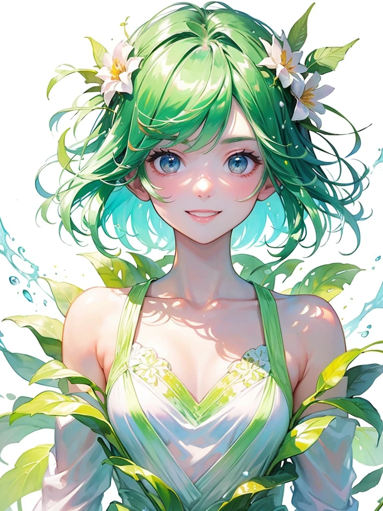 (masterpiece、Highest quality、Highest quality、Beautiful and beautiful:1.2)、Excellent anatomy、(Watercolor painting 1.5)、Long Shot、Straight short hair picture、Trendy Hair Color, Beautiful smile、Fairy, 蝶のFairyのコスチューム、Pure white、Pure、charm, Colorful flowers of various colors, Flowers and leaves green wind、Botanical Art, Mr.々A pose