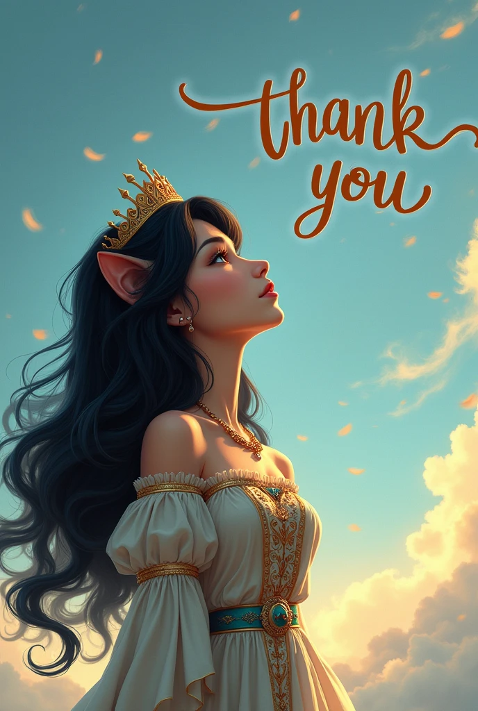 Dark haired lioness girl with crown and dress, looking at the sky and the word thank you in cartoon