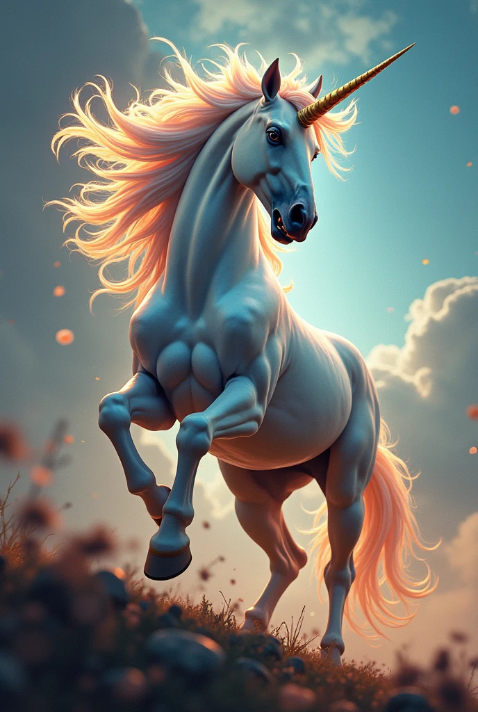 Imagine a bright and majestic unicorn, with a coat of iridescent colors, who is clearly agitated and struggling mightily.fullshot 8k. cinematic collor