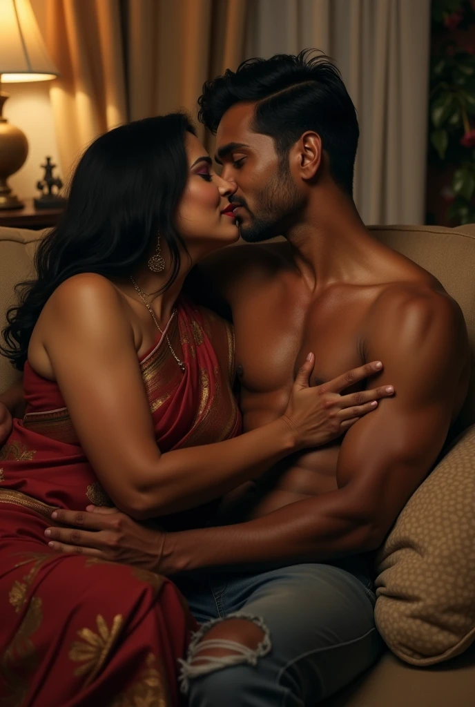 Sexy 40 years old nude sexy mature indian naked big nude boobs woman kissing 25 years young handsome man chest, sofa , living room , nudesex, Full body