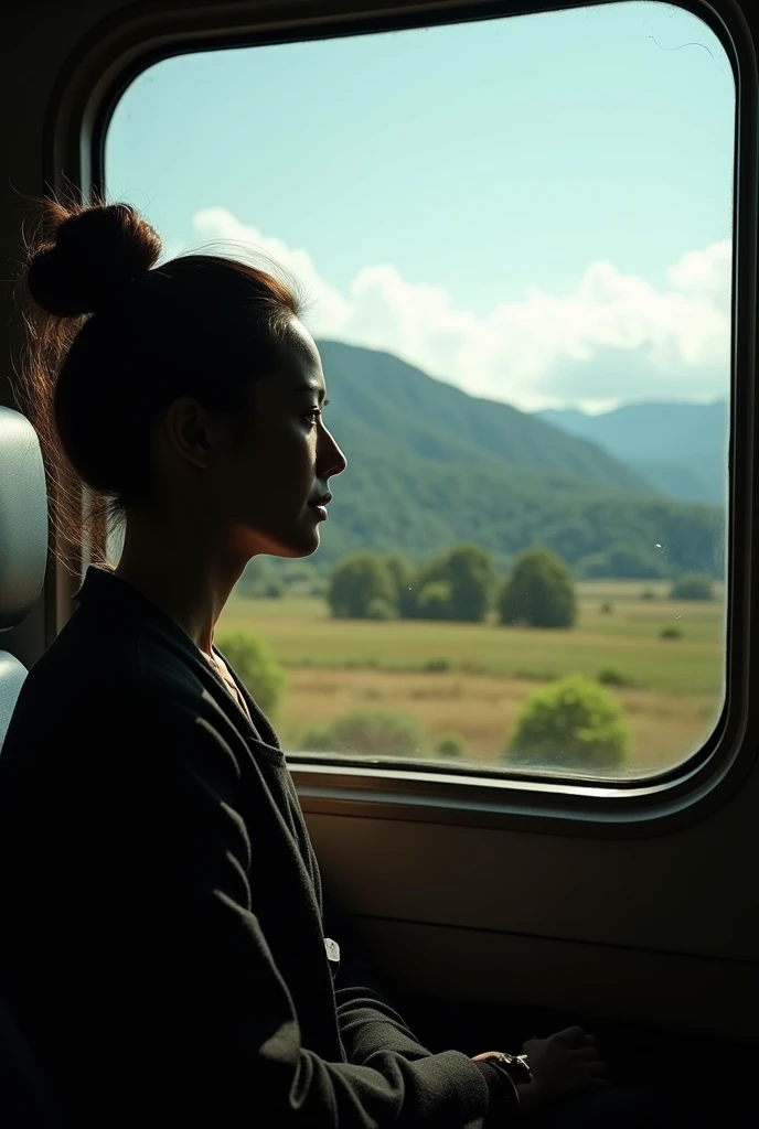 A landscape photo of a shadow of a woman in a bun hair  sitting in a bullet train going to work .