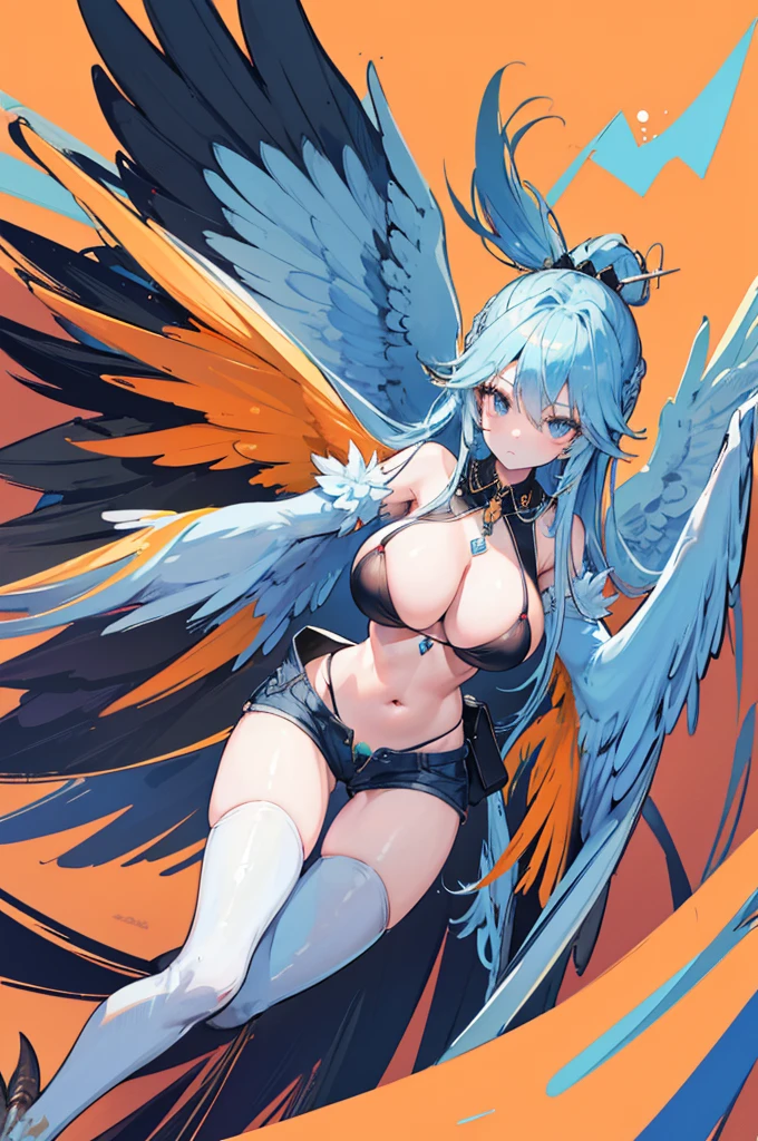 4K,High resolution,One Woman,Harpy,Light blue hair,Long ponytail,Huge boobs,Big white wings,Orange nails,Queen,Queenのティアラ,underwear,Black high-leg shorts,Black bra,Jewelry decoration