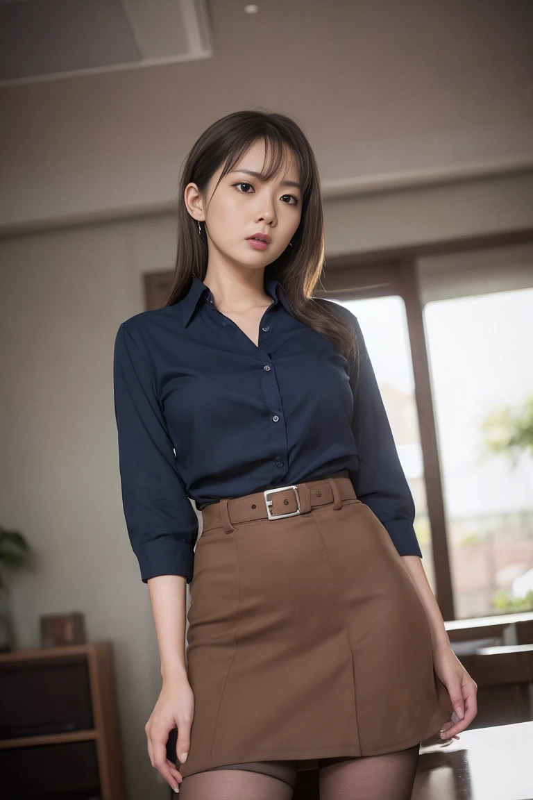 (Happy expression:1.26)、RAW Photos、(((The ultimate beauty full-body photo)))、((Glowing Skin))、1 person、Beautiful 28 year old woman from Prague、Angry expression、((Brown Hair))、Shirt on、skirt、(pantyhose)、(Upskirt)、Contrapuntal Shot、((Very detailedな))、(Perfectly detailed face)、(Beautiful Hands)、Photorealistic images、最high quality、Very detailedな、Film Light、Intricate details、High resolution、Very detailed))、Detailed Background、8 times、Digital single-lens reflex camera、Soft Light、high quality、Film Grain、Fujifilm XT3 、Shallow depth of field、natural Soft Light、Kamimei、The background is the office　　Angry woman　Scolding a subordinate　anger　