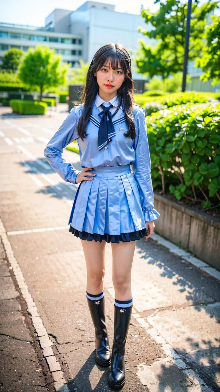 (8k、RAW Photos、Highest quality、masterpiece:1.2)、(Realistic、Realistic)、1 person、((View from the front、Black and light blue、Looking into the camera、check、boots、mini skirt、High school uniform、、Standing with one hand on hip、Frills、))、cute