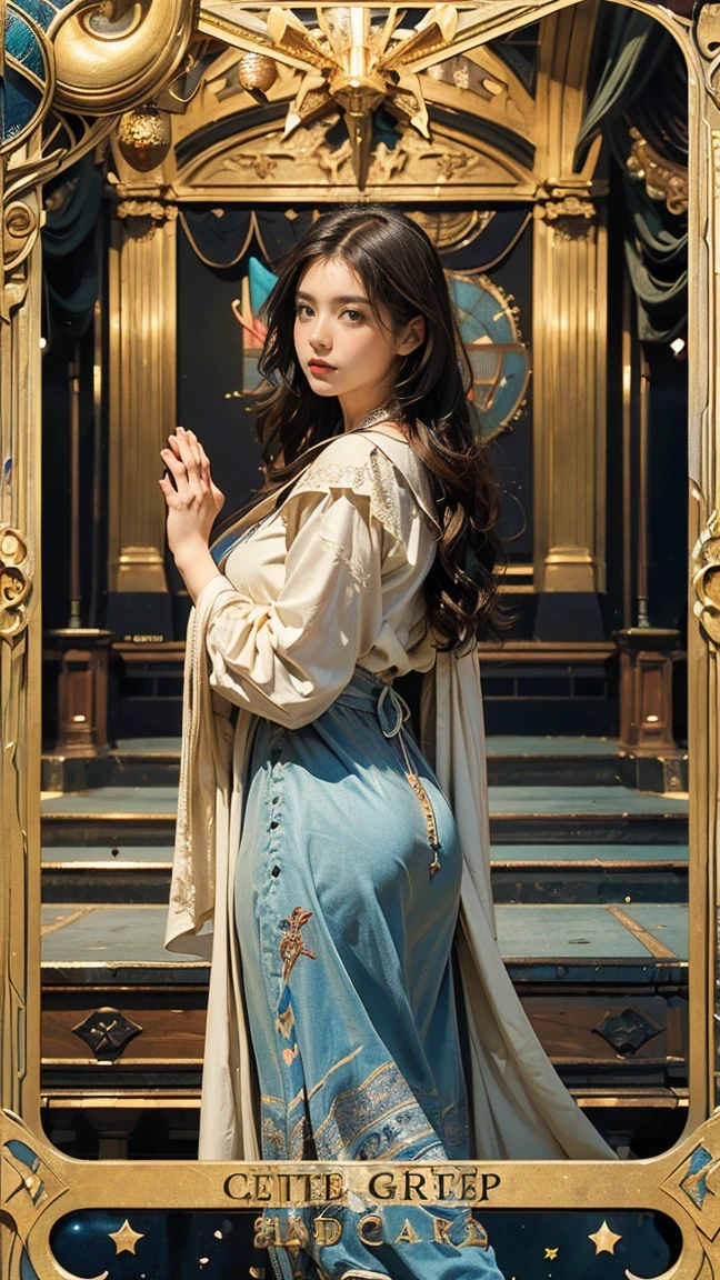 Highest quality、masterpiece、タロットcard、Balance scale、(Morgan Greer Tarot:1.2)、Retro art style、Thick outline、English text、Roman numerals、card、(Install the frame properly:1.2)、(タロットcard風の枠:1.5)、((Medieval Europe、Woman in theater, Woman standing in the center of the theater、Pose with hands forward、Woman in bohemian clothes、Lazy expression、Beautiful woman 考え:1.5))