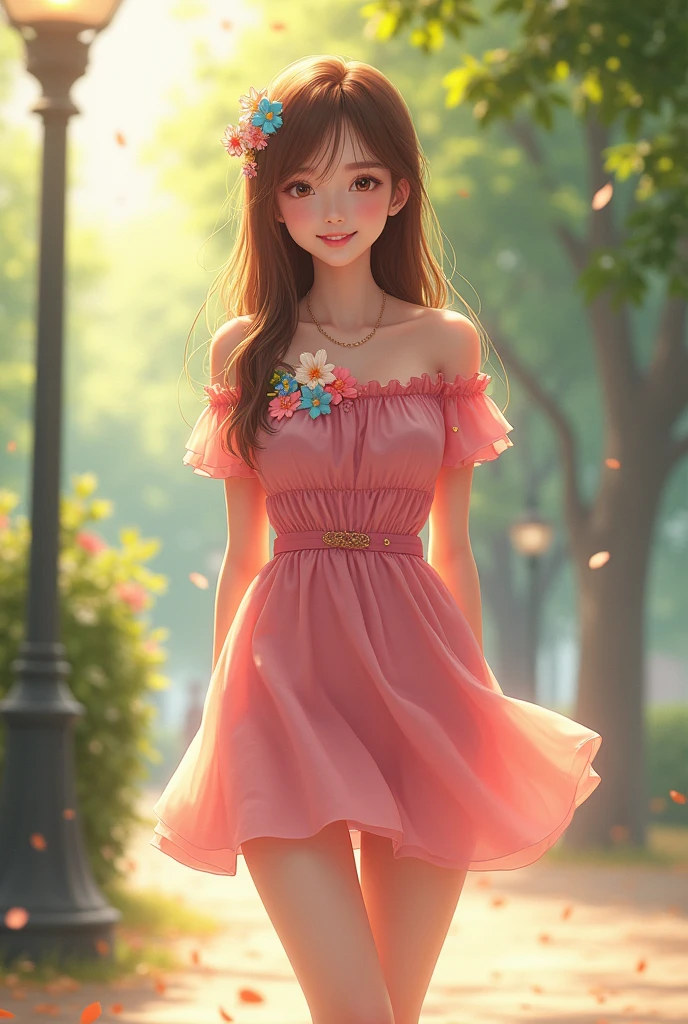 Ultra high quality,High heel,Off-shoulder,Long legs,Cheerful,Sunlight,Short skirt,full-body shot,Wear flowers,charming,Beautiful girl,student,School Belle