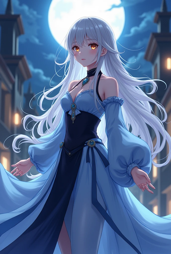 Russian、、Young、clear、Elegance、noble、Gray Hair、Silver Hair、Long Hair、Soft Hair、Moonlit Night、city、noble、Light blue and black dress、Spreading Dresses、Anime Face、Big eyes、Bright Face、popular person、Black Mage、jump、Fire Magic、Dragon Pet、magic circle