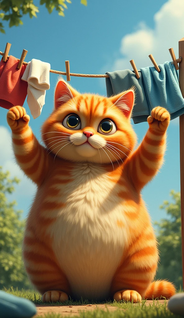 a cute fat orange tabby cat doing laundry, separating clothes and hanging them on a clothesline, serious expression, photorealistic, 8k, high octane render, no blurring, detailed, extremely detailed, realistic, photo-realistic, masterpiece, vivid colors, dramatic lighting, cinematic, highly detailed, intricate, complex, oil painting, digital art, illustration, 3d render