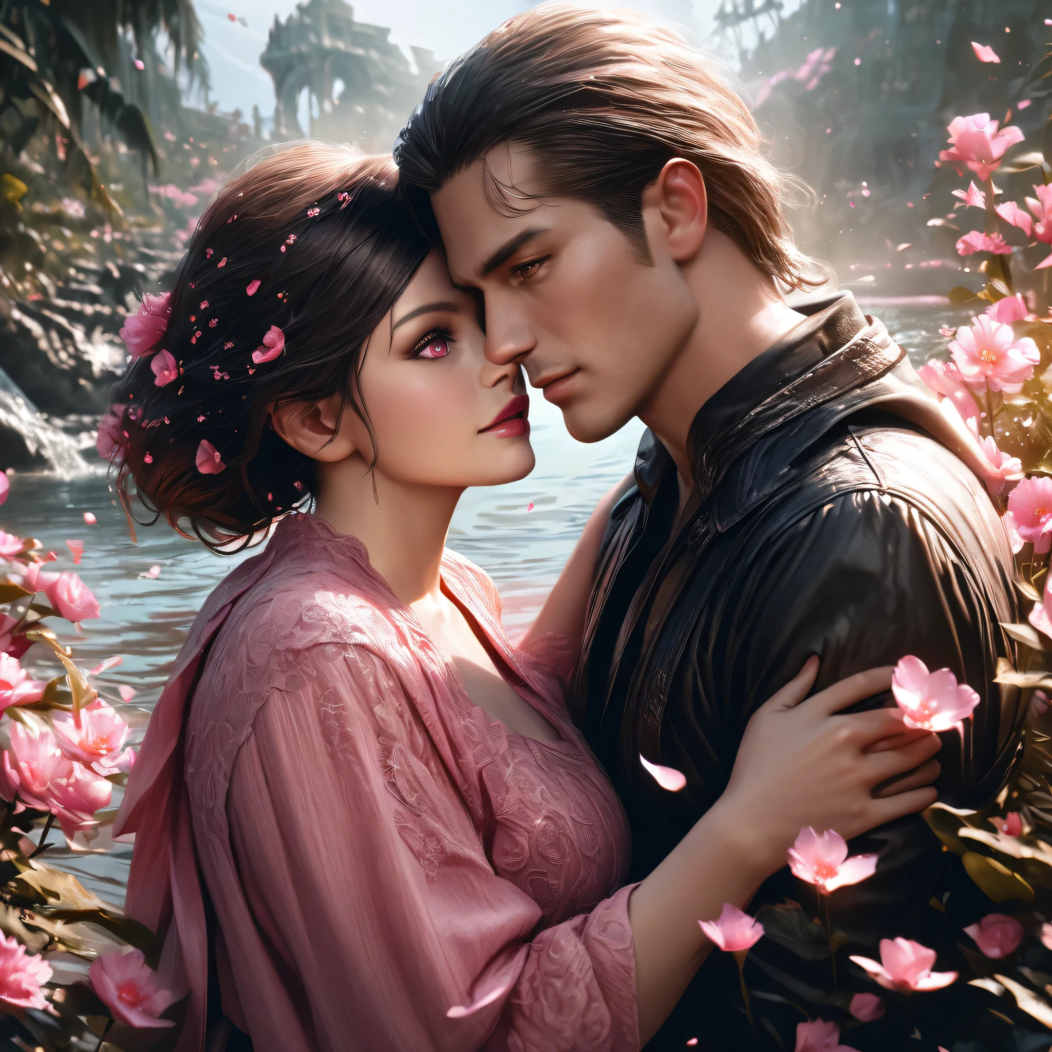 realistic, photorealistic, photo-realistic:1.37, (best quality,4k,8k,highres,masterpiece:1.2),ultra-detailed, extremely detailed eyes and face, longeyelashes, handsome man and beautiful woman, couple, black clothes, fantasy, shining, water, pink flowers, blooming flowers, pink butterflies, pink petals, embracing