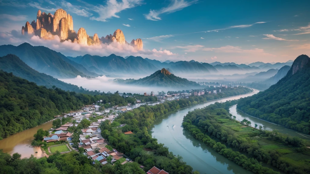 Natural beauty, Ancient village of Thailand. river, mountain. cloud, Temple. Aerial view,mystical beauty, 8k