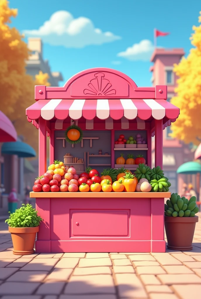Empty stall for selling fruits and vegetables animated pink color, Front view