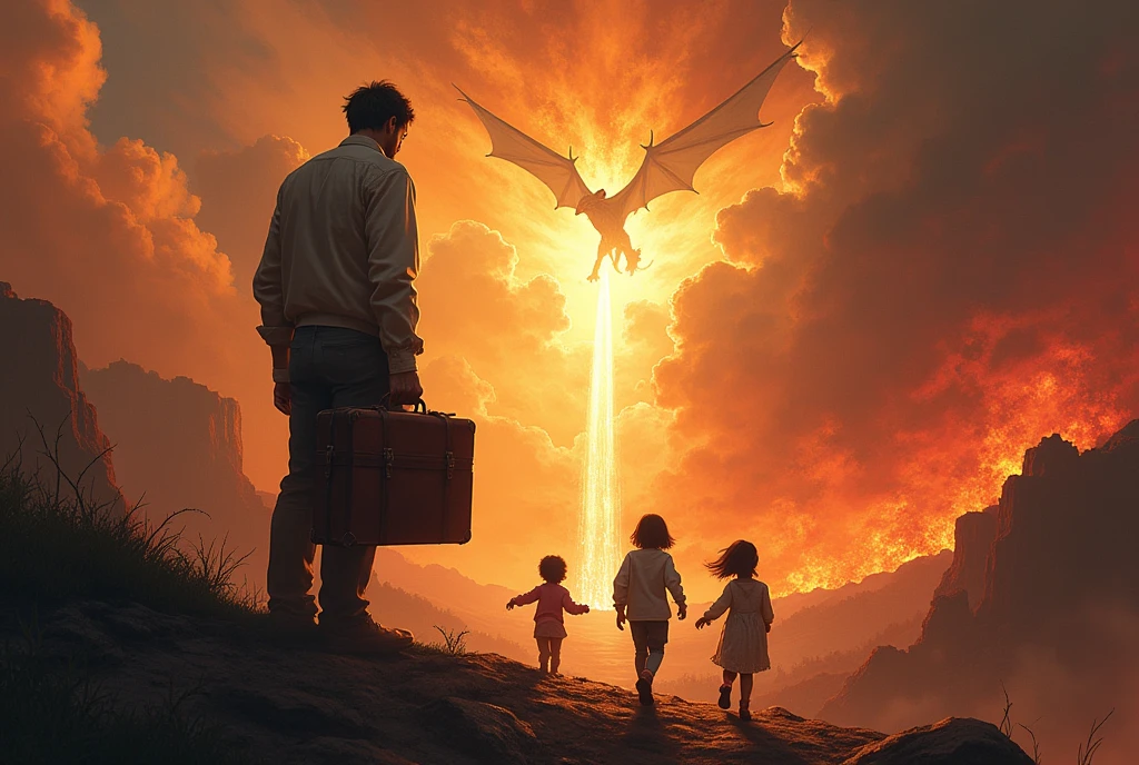 A father is busy, working with a suitcase, alone and uninvolved in the distant glory of heaven, having his back turned away from hell. A mother and her Kids are playing far away, very close to the firey gates of hell. They are aproaching the dragon. .