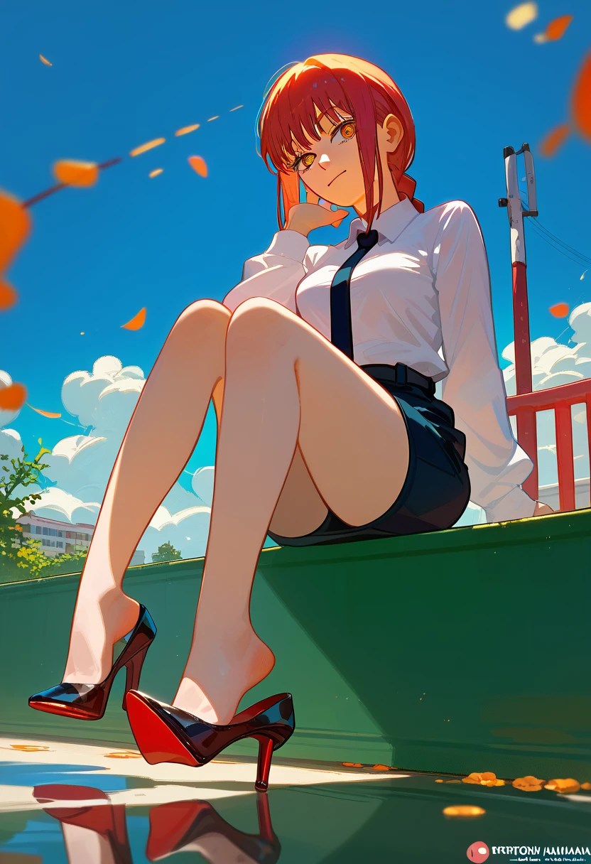 1girl, high heels shoe dangle, makima (chainsaw man), sitting