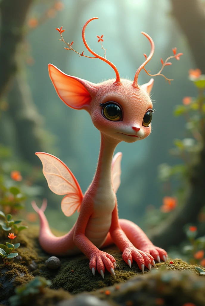 Alien worm with antennae, big ears, with kind eyes, with red paws and wings