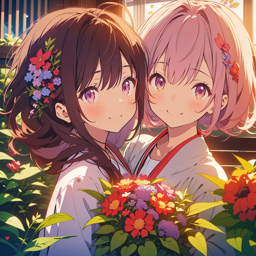 kawaii, anime, Cute, hyper quality, highly detailed, 8k, Clarity, Draw facial expressions in detail, Girl with long dark brown hair and green eyes, red salvia flowers, salvia in planter, whole body, love, smile, A young smiling girl with pale pink scarlet eyes., purple salvia, good mood,  with light pink hair, good friends, embrace, purple salvia flowers, 