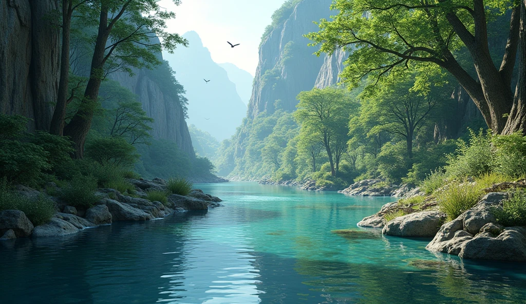 (best quality, masterpiece, ultra detailed, ultra high res, photorealistic, raw photo, absurdres, absolutely resolution), A river surrounded by nature
