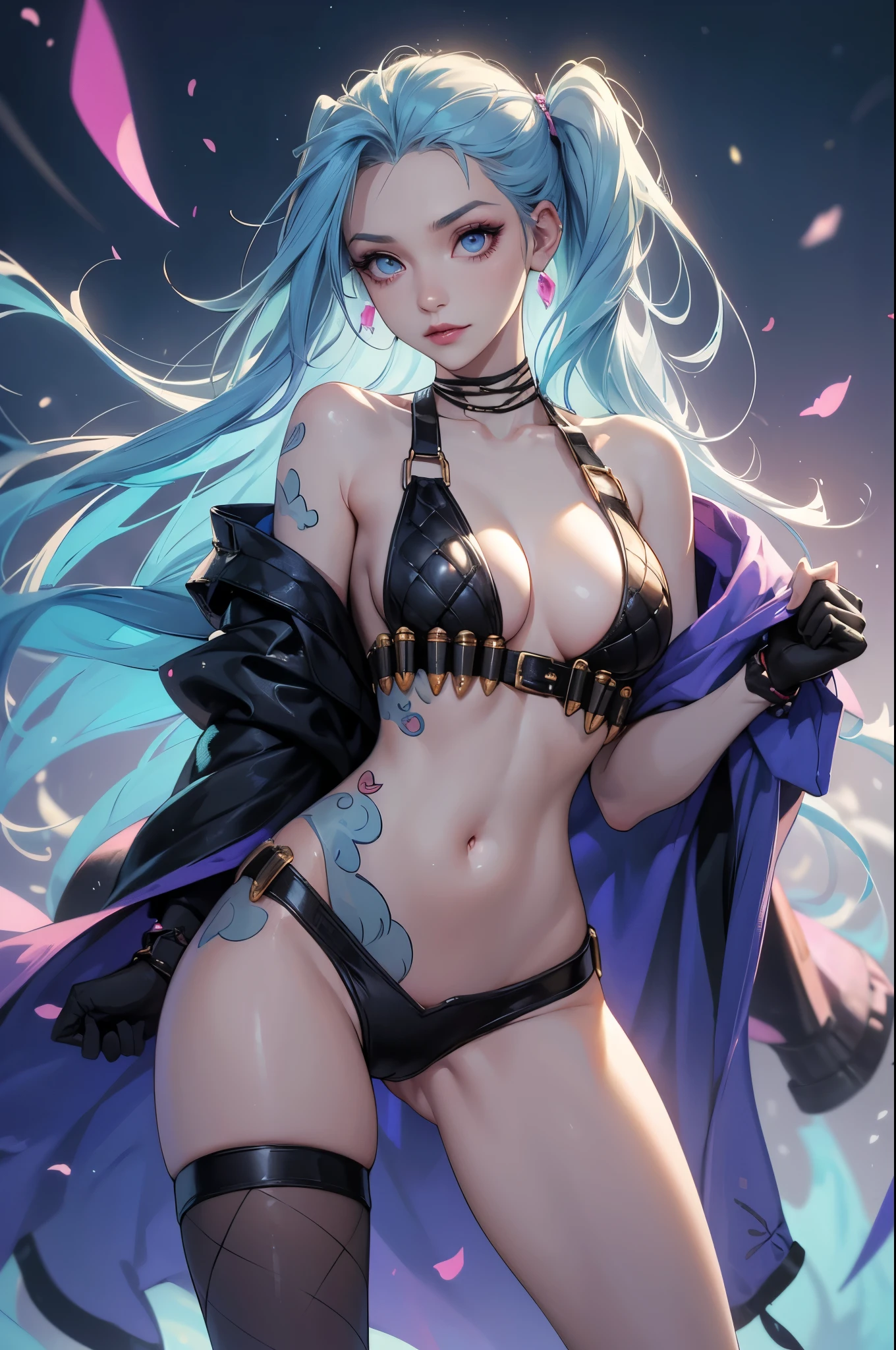 (best quality,highres:1.2),ultra-detailed,realistic,photorealistic:1.37,a beautiful girl (Jinx League of legends) Anime Design) model in a fantasy style,1,long legs,medium breasts,extremely detailed face (with emphasis on azure eyes),Her grey-colored hair falls to her shoulders.She is dressed in soft translucent fabric clothes, more than half of her body is naked. The clothes emphasize her sexuality,bent down, lifting her ass to the top,there is an artfully executed Dragon tattoo on the right thigh of her leg, the girl stands in this angle (showing everyone her tattoo),illustration,colorful pop art style,dynamic lighting,neon colors.Nsfw