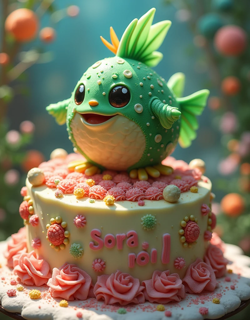 ((Highest quality)), ((masterpiece)), (detailed), A green pufferfish was on top「SORA ROID」A gorgeous cake with the words, photorealistic, realistic photo, from movie stills