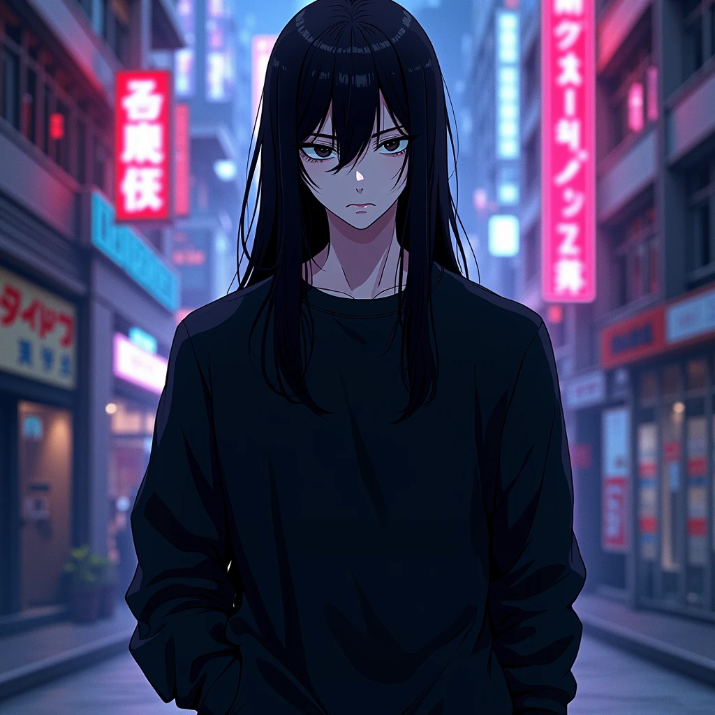 An anime character: A white man with black eyes. your hair is long and black. He wears a black sweatshirt and black pants.. Ao fundo, a cyberpunk setting full of neons.
