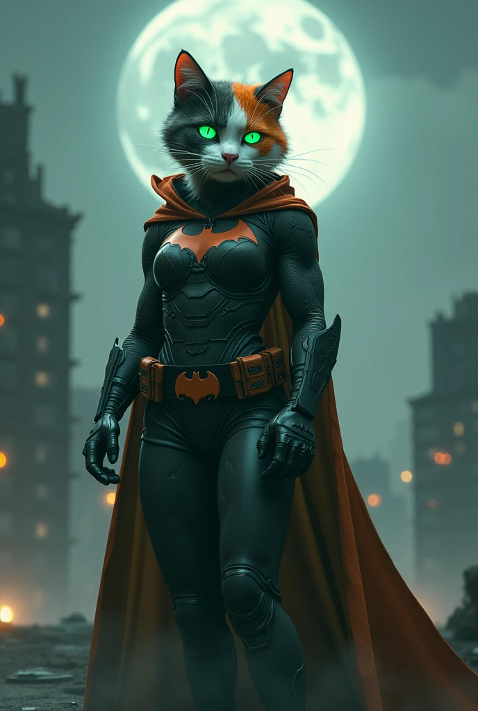 Muscular adult female cat, with fur colored in white, orange and gray colors randomly, has a gray face on the left side, orange on the right side and white on the bottom, eyes glowing green, in a dystopian city lost to crime, during a dark night covered in fog, wearing clothing similar to the costume of *BATGIRL* on top of a building under a full moon.
