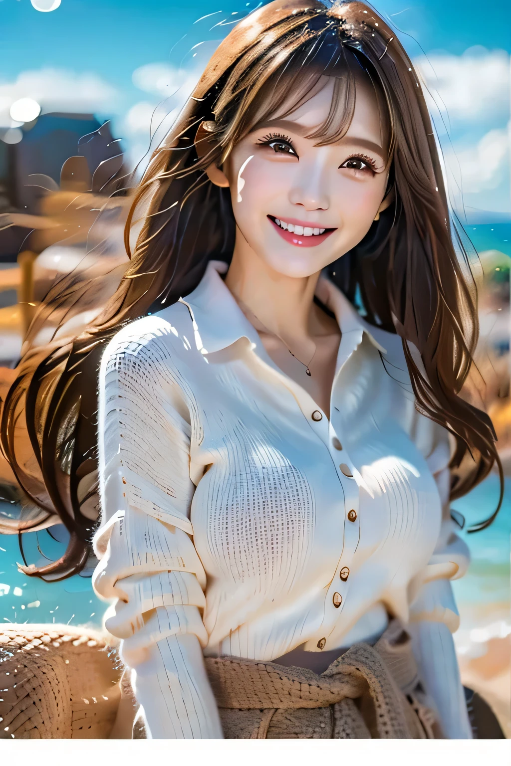 ((I can see the blue sky))、((Highest quality)), ((masterpiece)), (detailed), ((Highest quality))、Perfect Face, Japanese、2、woman、((smile))、Light Brown Hair、Perfect Anatomy、Anatomically correct body、White collared shirt、coastal