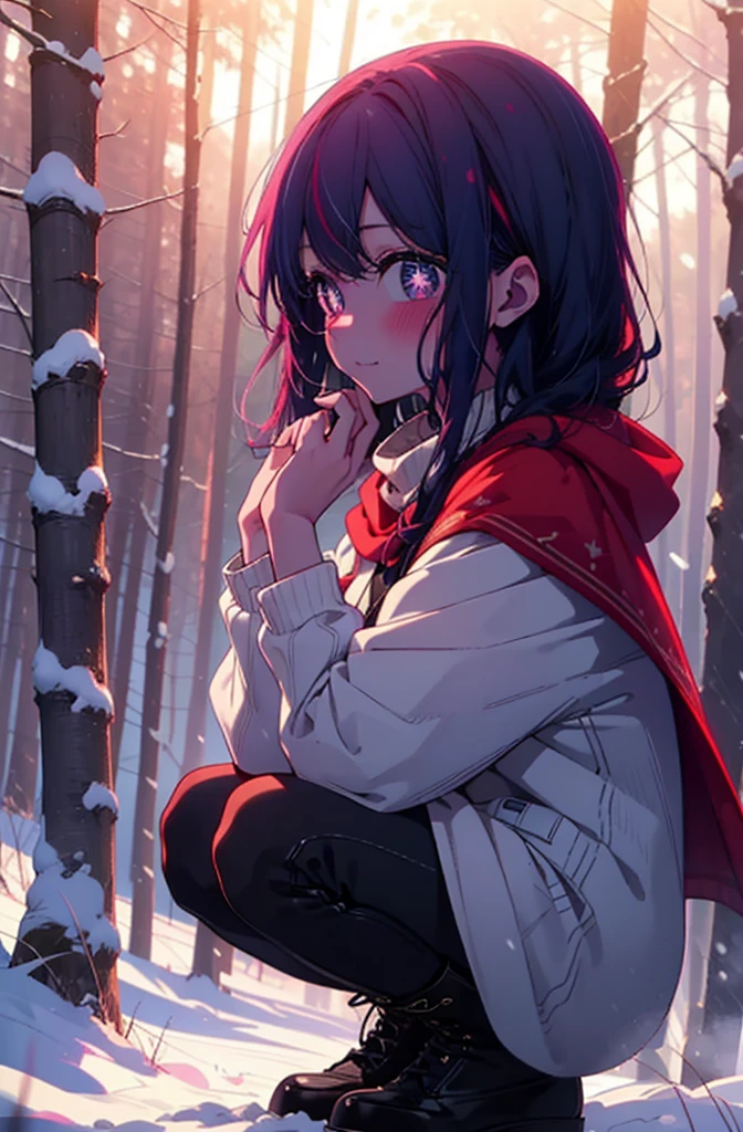 aihoshino, Ai Hoshino, Long Hair, bangs, (Purple eyes:1.1), Purple Hair, (Symbol-shaped pupil:1.5), smile,,smile,blush,white breath,
Open your mouth,snow,Ground bonfire, Outdoor, boots, snowing, From the side, wood, suitcase, Cape, Blurred, , forest, White handbag, nature, Squat, Mouth closed, Cape, winter, Written boundary depth, Black shoes, red Cape break looking at viewer, Upper Body, whole body, break Outdoor, forest, nature, break (masterpiece:1.2), Highest quality, High resolution, unity 8k wallpaper, (shape:0.8), (Beautiful and beautiful eyes:1.6), Highly detailed face, Perfect lighting, Extremely detailed CG, (Perfect hands, Perfect Anatomy),