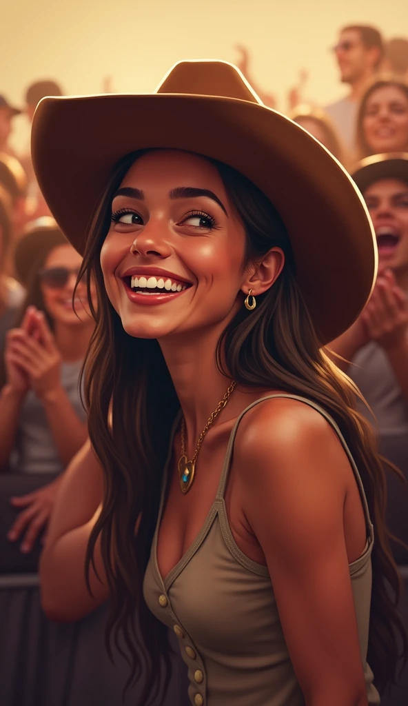 a woman who is a fan of country music, wearing a cowboy hat, with a big smile of happiness when seeing their idol. Ao fundo, Multiple people blurred, with shades of brown predominating in the image. a special moment captured! half cartoon style