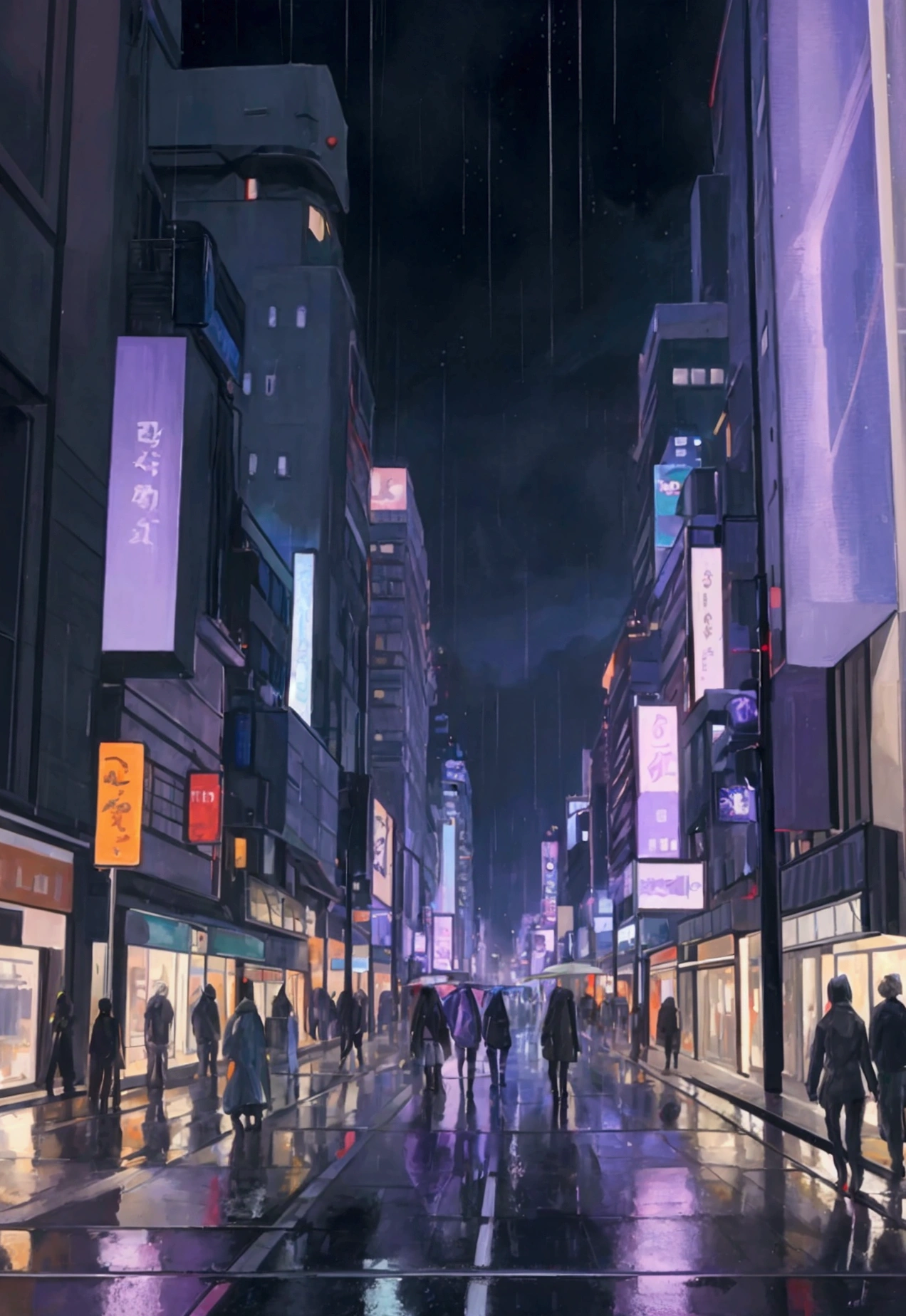 Oil painting of a futuristic street, tall buildings in a distance purple and blue lights, people walking on footpath, and cars on the street. Night time, raining.. realistic