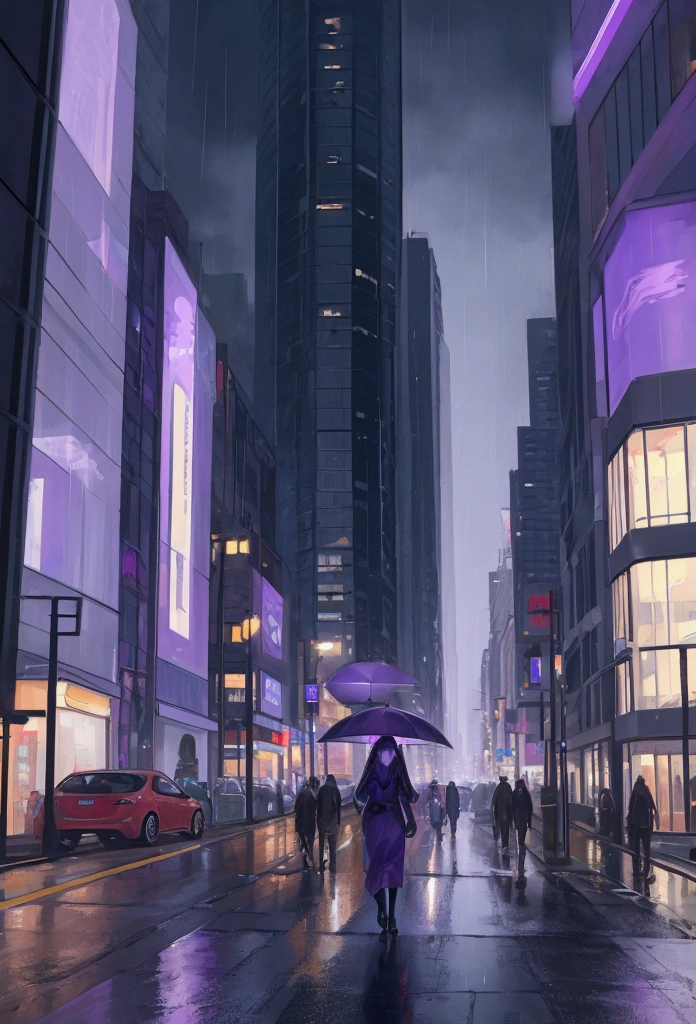 Oil painting of a futuristic street, tall buildings in a distance purple and blue lights, people walking on footpath, and cars on the street. Night time, raining.. realistic 