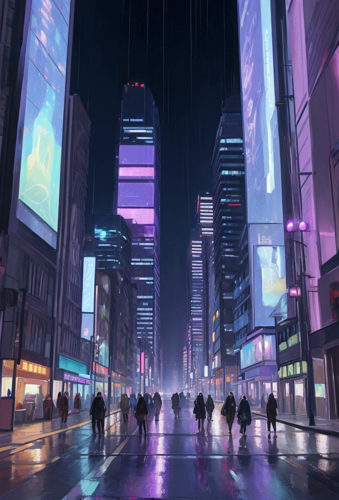 Oil painting of a futuristic street, tall buildings in a distance purple and blue lights, people walking on footpath, and cars on the street. Night time, raining.. realistic