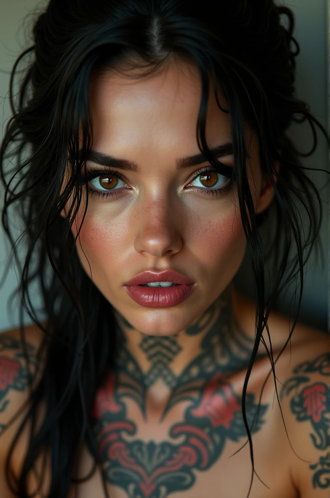 woman wet black hair brown eyes tattoos outlined lips makeup seductive look