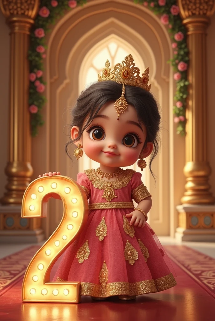 A realistic image of a cute  indian 2 year oas a Princess, with open hair, wearing a royal lehenga, in very big and beautiful palace and in house there are all around gold , wearing a crown and a royal attire and she is very very beautiful and gorgeous and besides her is a large size '2' cutout , indicating that its her second birthday. Bright, bold and colorful image, eyes facing straight at the camera, Flower garlands can be seen hanging from the palace archs, seems like a celebration time in the palace