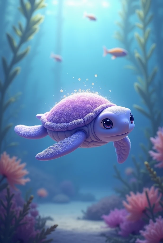 A simple Aesthetic sea animal with glitter around it, tender purple sea turtle and 
